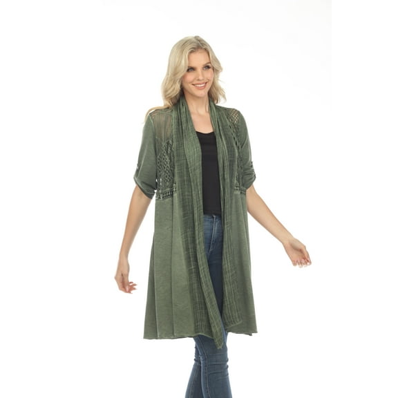 Simply Couture Women's Solid Tab Sleeve Long Light Knit Lace Hallowed Back Cardigan