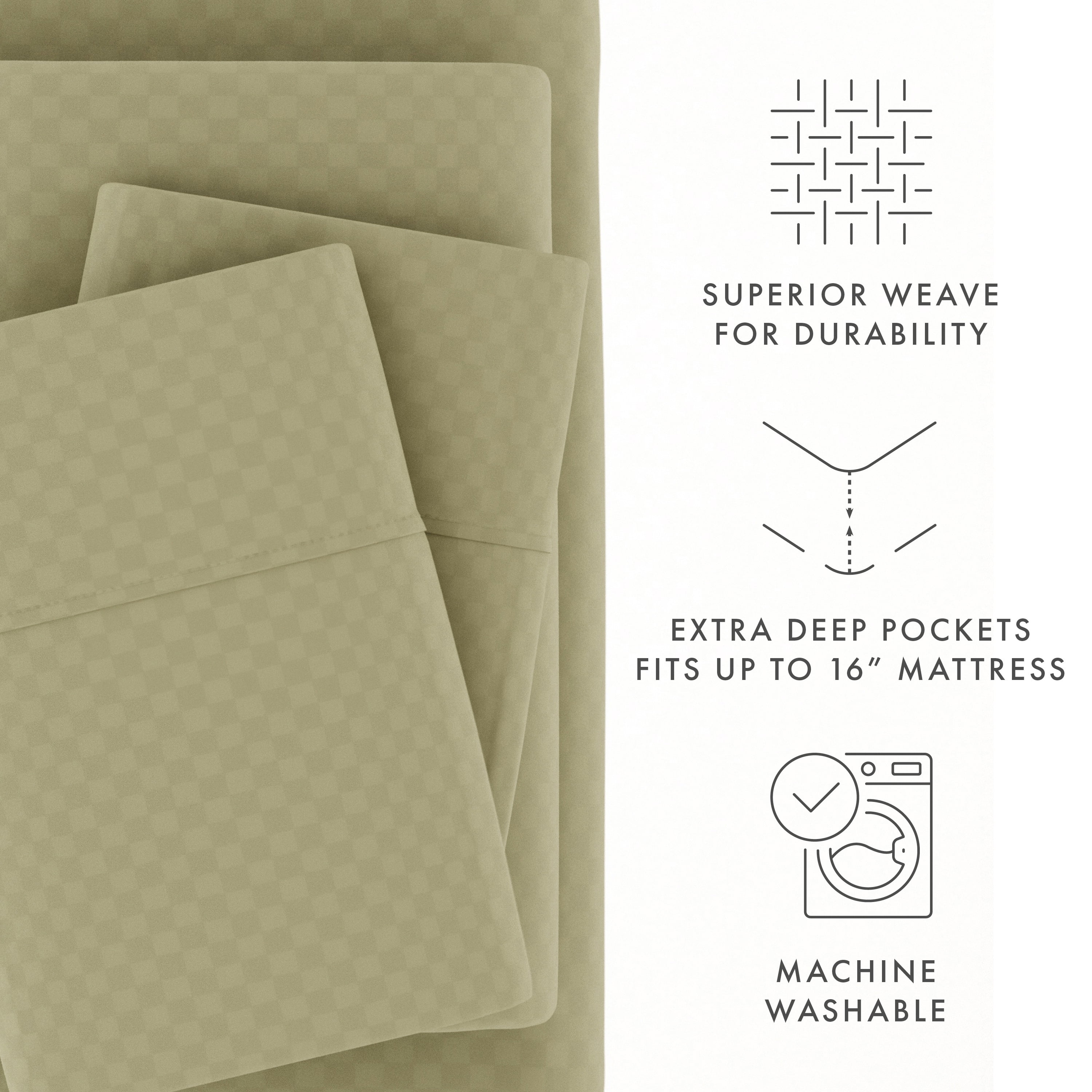 Noble Linens 4 Piece Sage Checkered Embossed Bed Sheet Set, King