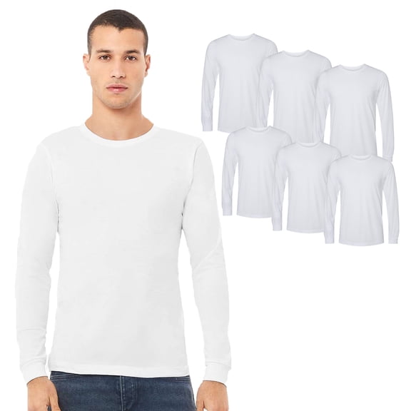 BELLA CANVAS Men’s Triblend Long Sleeve T-Shirt, Durable Crew Neck Tee, Solid White, 6-Pack, S