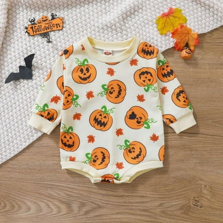 

Promotion!Baby Girl Boy Halloween Pumpkin Sweatshirt Romper Long Sleeve Pullover Bodysuit Oversized Sweater Shirt Top Fall Winter Clothes