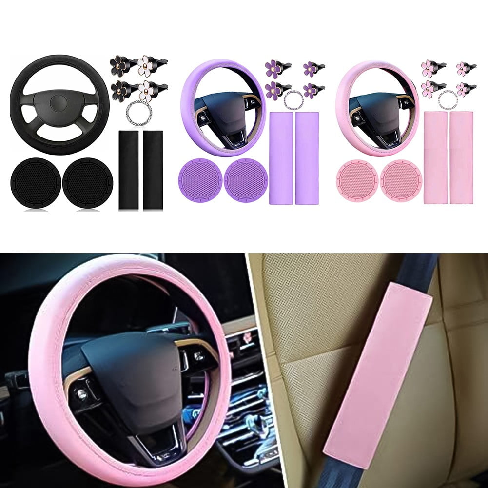 For Most Cars Feminine Car Decor Car Accessories Set Car Interior Decoration Pink Stylish Steering Wheel Cover