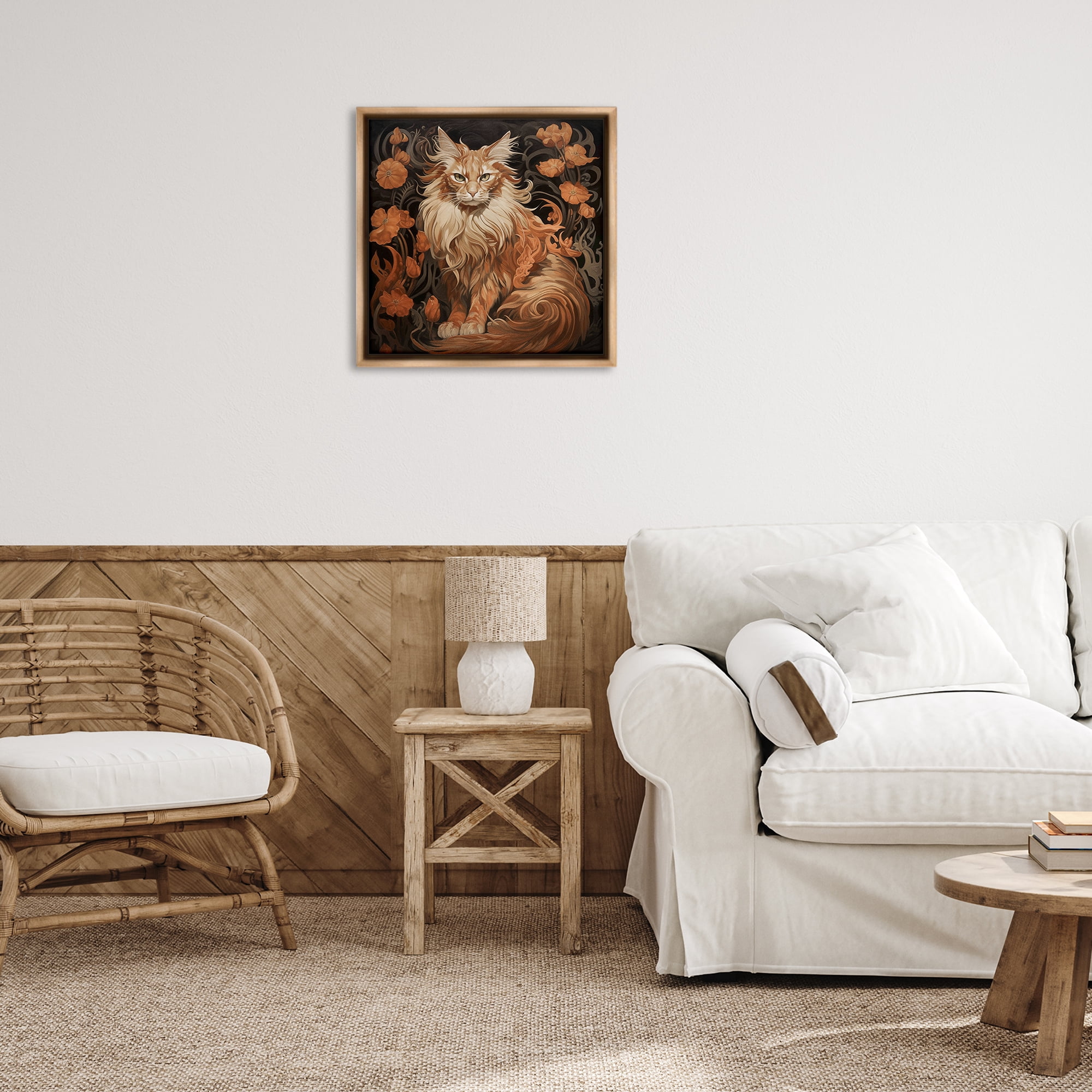 Stupell Industries Maine Coon Cat Portrait Animals Painting Brown Floater Framed Canvas Art Print Wall Art, 25 x 25