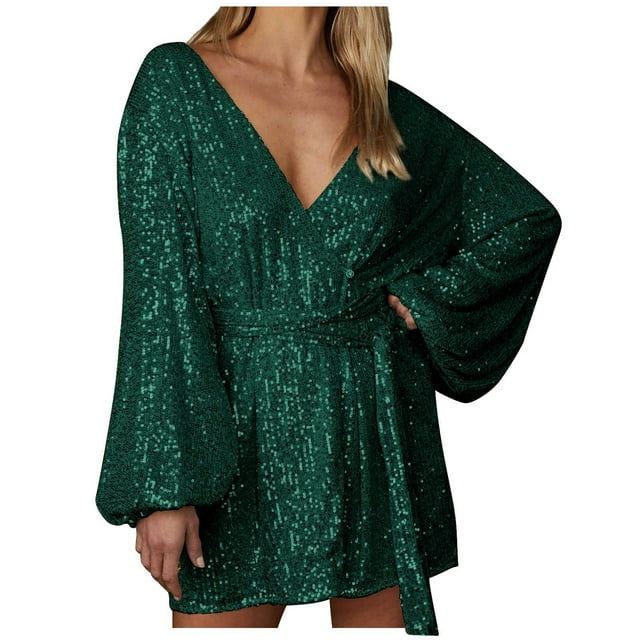 Ltctricy Robe à Paillettes pour Femmes, Manches Longues Lanterne, Croisée, Décolleté en V Profond, Portefeuille, Ceinturée, Mini-Robe Scintillante à Paillettes, Robe de Boîte de Nuit/soirée (Vert Armée, Petit)