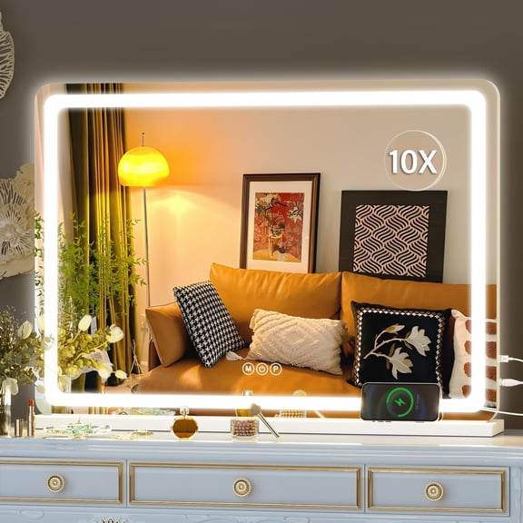 Hasipu 28" x 20" LED Vanity Mirror with Touch Screen Dimmable Lighted Makeup Mirror with 3 Lighting Modes, White Round Frame