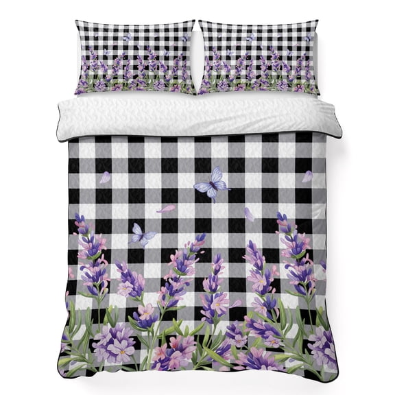 Queen Quilt Set 90''x96'', Lavender Floral Lightweight Bedspread Coverlet Set with 2 Pillow Shams, Purple Flowers Butterfly Black Gray Plaid Breathable All Season Quilt Bedding for Bedroom/Guest Room