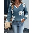 thumbnail image 4 of Female Oversized V Neck Fuzzy Sweaters Casual Loose Long Sleeve Chunky Knit Pullover Jumper Tops Aqua Blue XL, 4 of 8