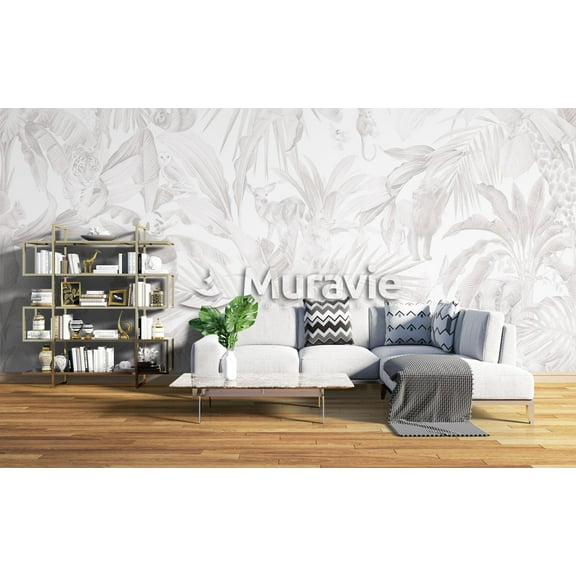 Beige Wallpaper Leaves , Jungle Animals Tropical Wallpaper