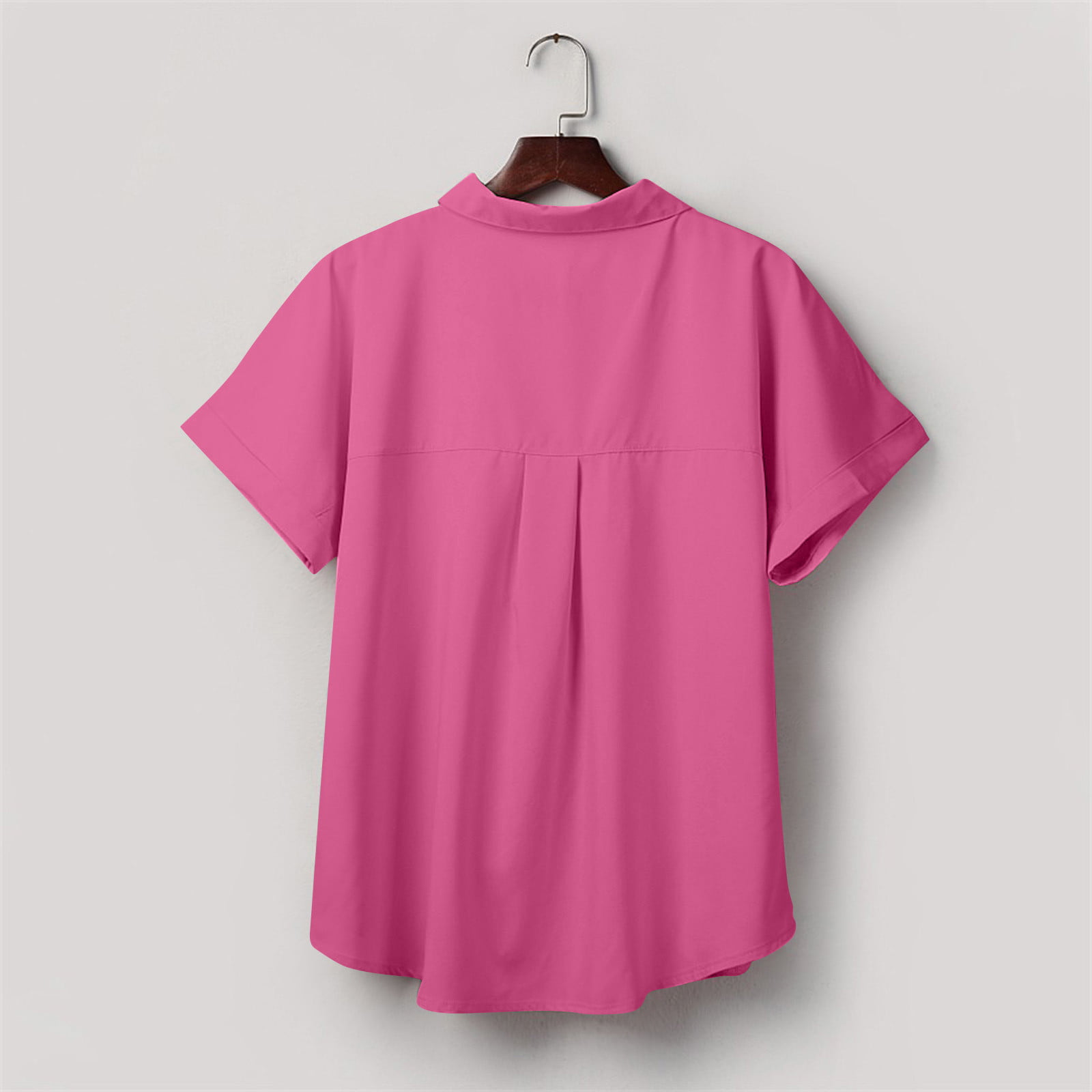 ZQGJB Womens Casual Short Sleeve Button Down Cotton Linen Shirt Solid Color  Blouse Loose Fit Cute Plain Tees Lightweight Casual V-Neck Tops Hot Pink