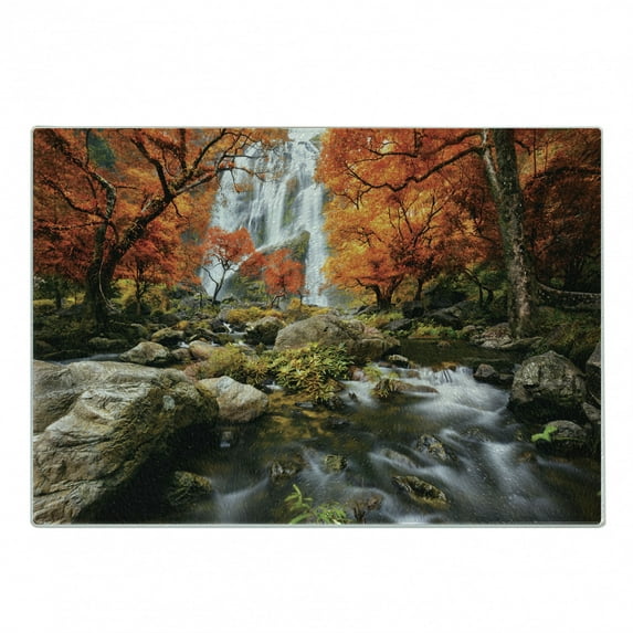 Jungle Cutting Board, Trees Scenic Thai Waterfall and River Park in The Autumn Season Stream on Rocks, Decorative Tempered Glass Cutting and Serving Board, in 3 Sizes, by Ambesonne