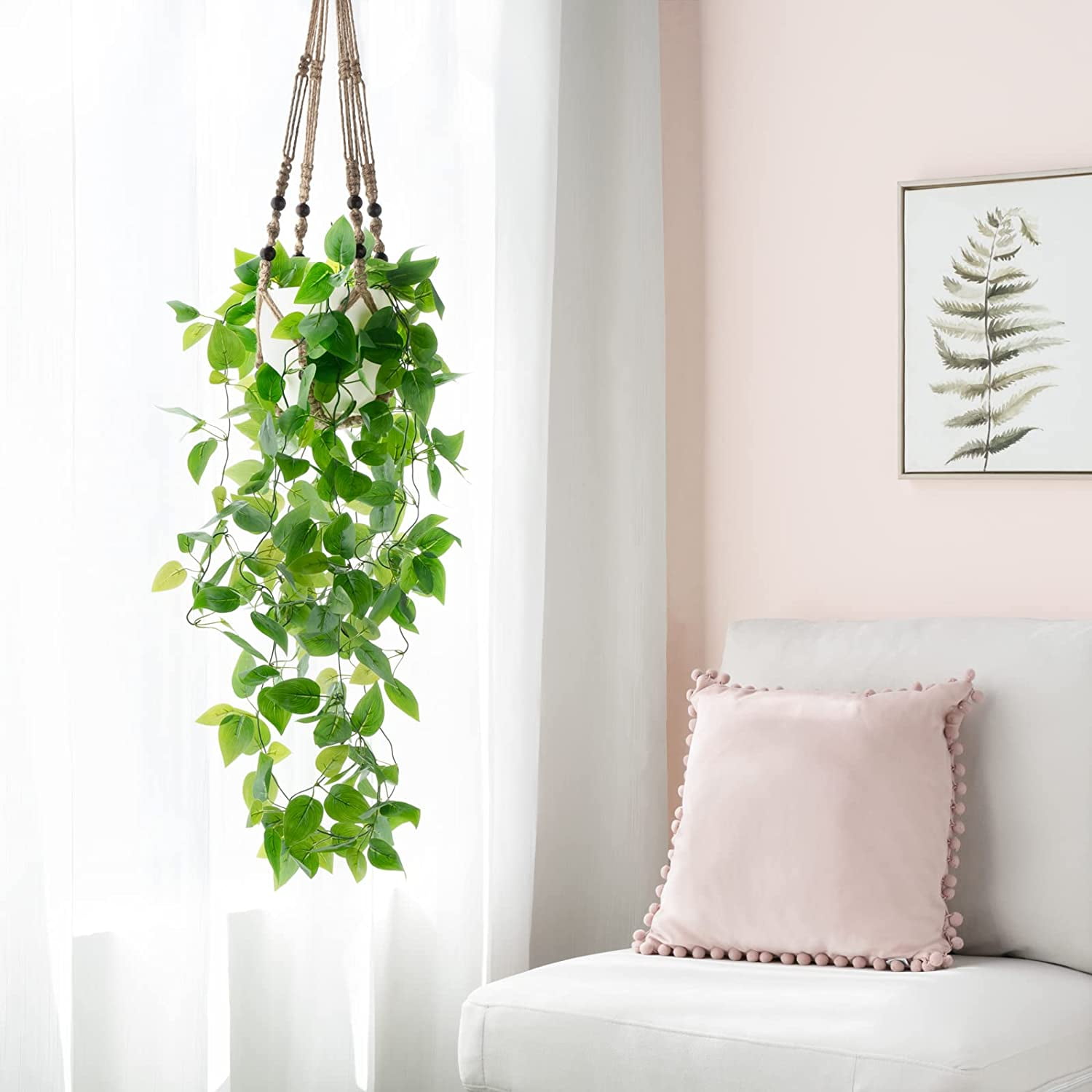 NANAHuang Fake Hanging Plant with Pot, Artificial Plants for Home Decor Indoor Macrame Plant Hanger with Faux Vines Hanging Planter Greenery for Bedroom Bathroom Kitchen Office Decor, Ivory (Pothos)