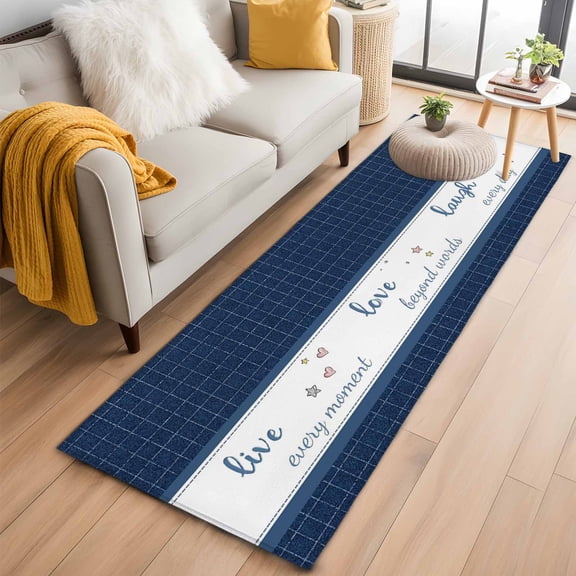 Blue Plaid 2'x6' Runner Rugs for Hallway Kitchen Bedside Non Slip Washable, Country Live Love Laugh Text Star Love Heart Entryway Rug Runners with Rubber Backing, Long Carpet Runner for Laundry Room