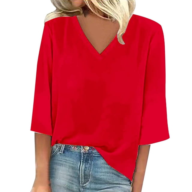 T-Shirt à Manches Courtes pour Femmes Liquidation T-Shirt Mélangé pour Femmes T-Shirt Uni Mode Décontractée Col en V Hauts à Manches Trois Quarts pour Femmes