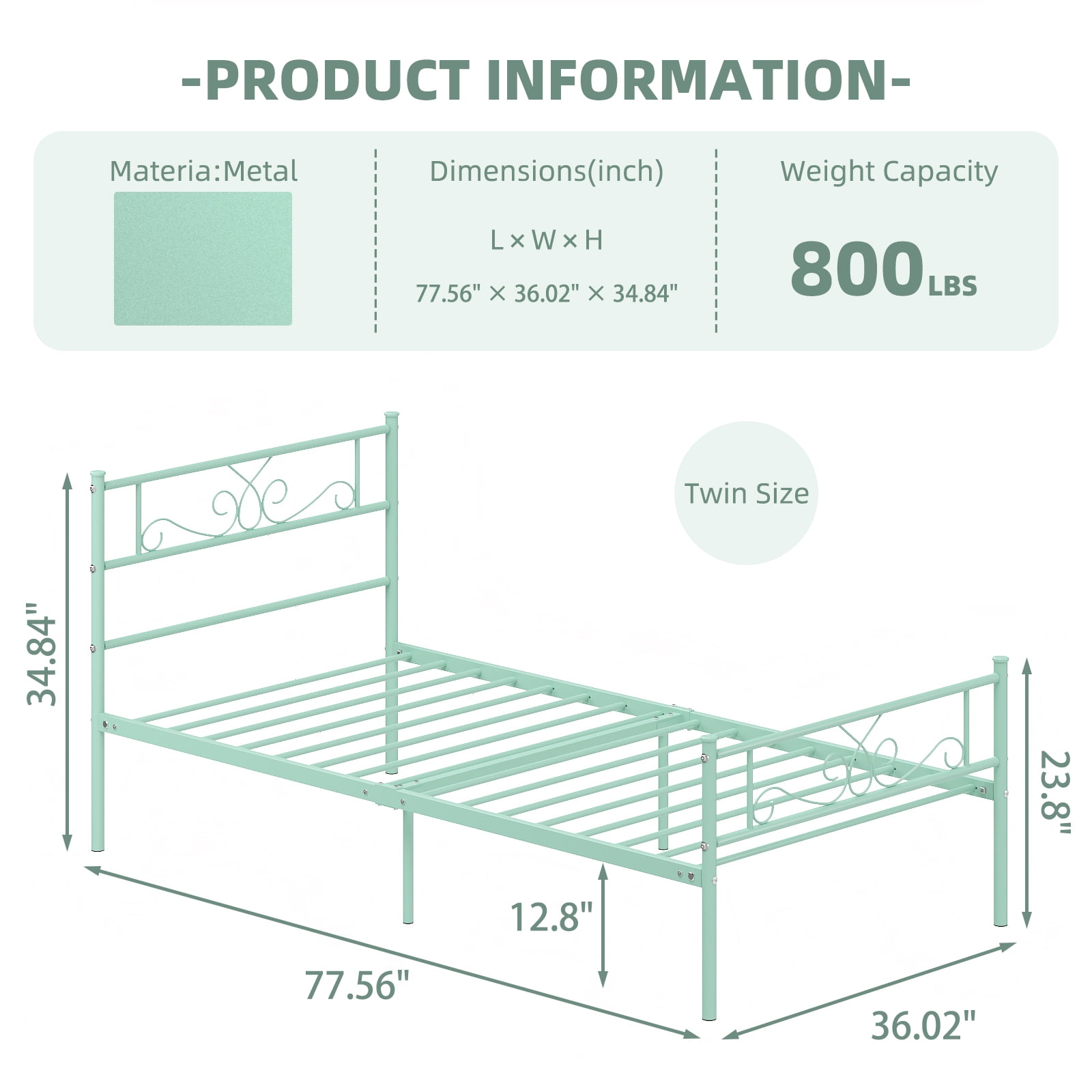 Yoneston Twin Size Metal Platform Bed Frame with Headboard, 12.7” Single Bed Frame for Kids, Teens, Adult Bedroom Furniture, Mint Green