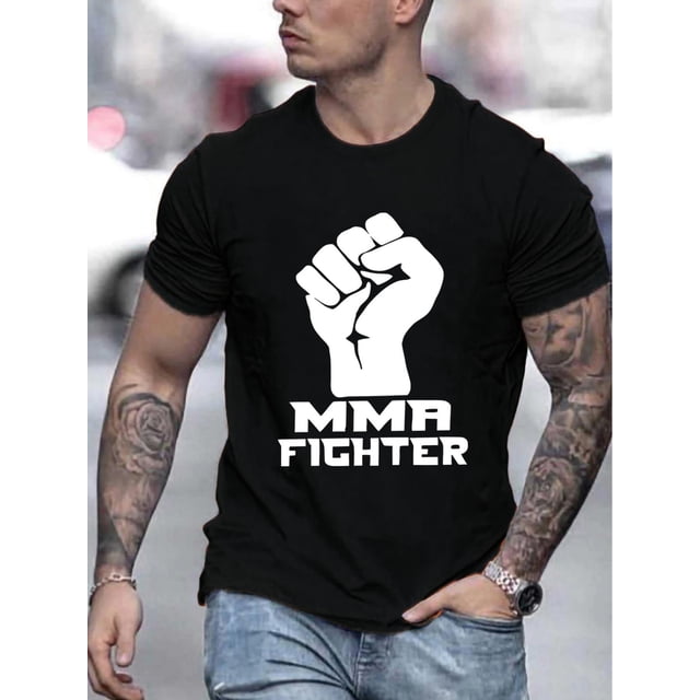Camiseta con estampado de puño de luchador de MMA, cuello redondo, tejido de punto ligeramente elástico, corte regular de verano para adultos, ideal para el tiempo libre.
