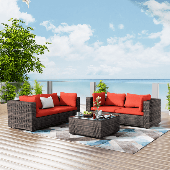 Grezone 5 Pieces Patio Furniture Set, All Weather Outdoor Sectional PE Rattan, Patio Conversation Sets with Cushions and Glass Coffee Table for Garden Lawn Balcony Porch Deck, Red