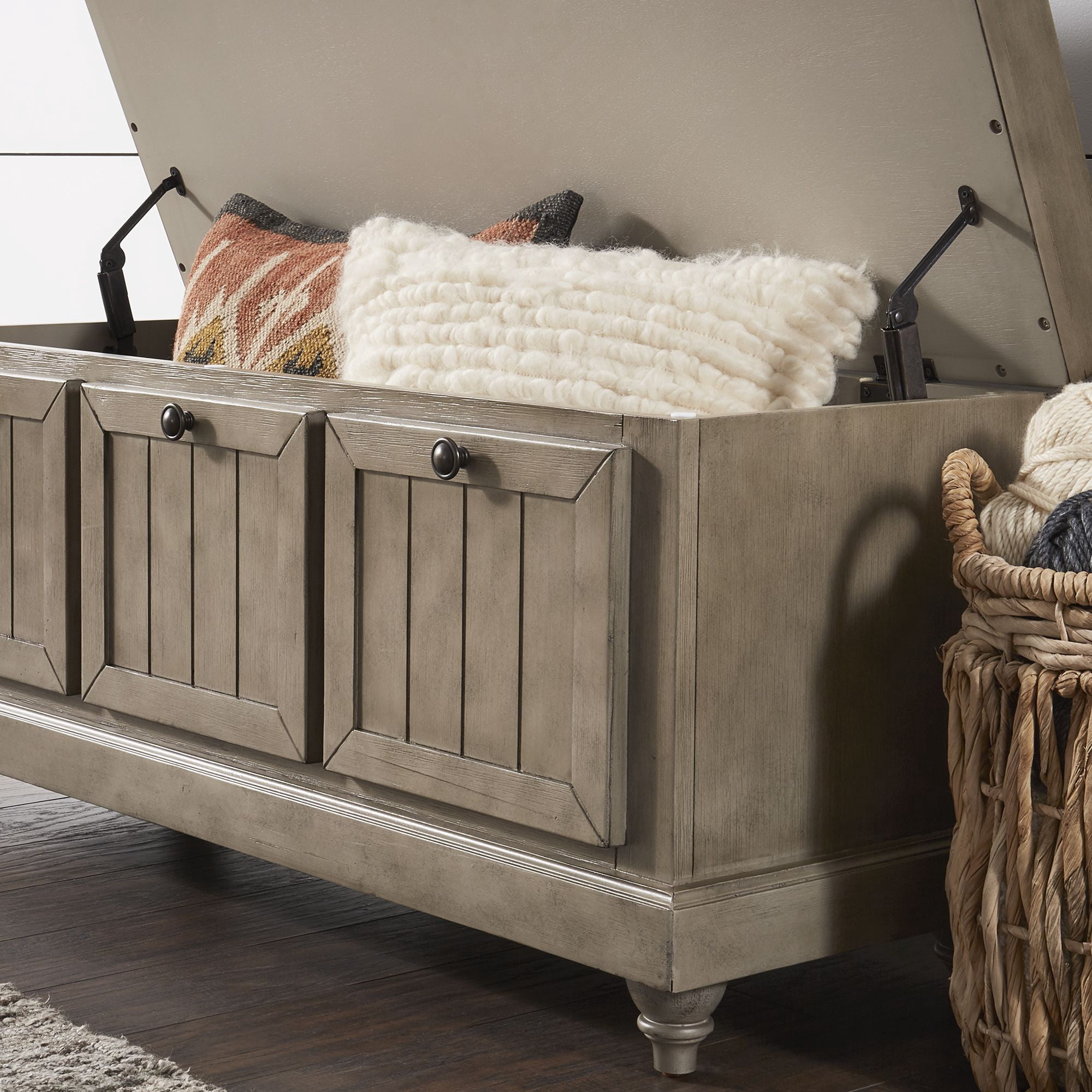Weston Home Marin Storage Bench with Linen Seat Cushion, Antique Grey Finish