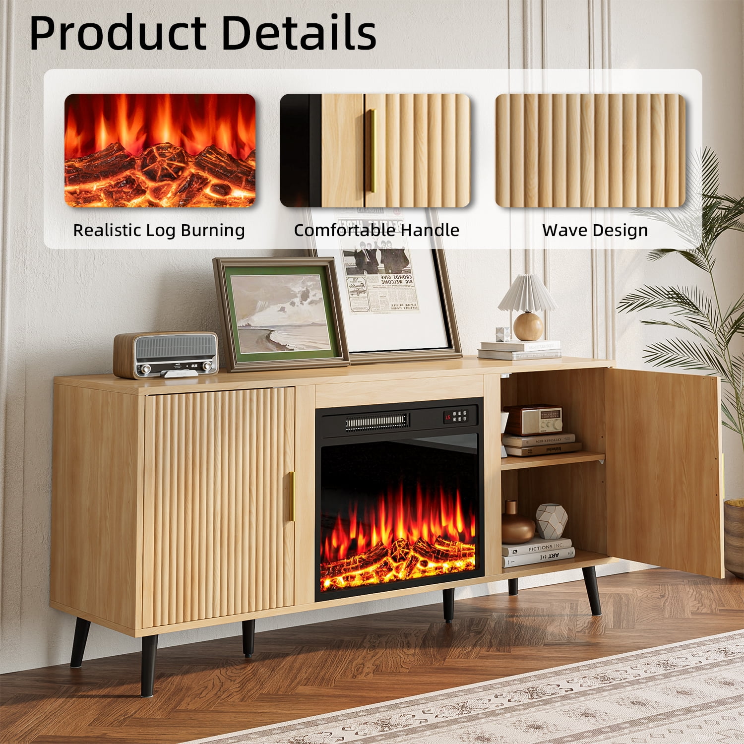 Bossin 58" Wood Mid Century Modern TV Stand with Fireplace, Entertainment Center up to 65" TV,Electric Fireplace TV Stand for Living Room