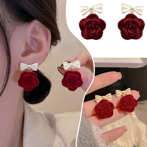 QIQUWOHUL Earrings Bow Red Rose Dangle Earrings For Women Fashion Banquet Earrings Bow Earrings Charm Women Clip On Earrings