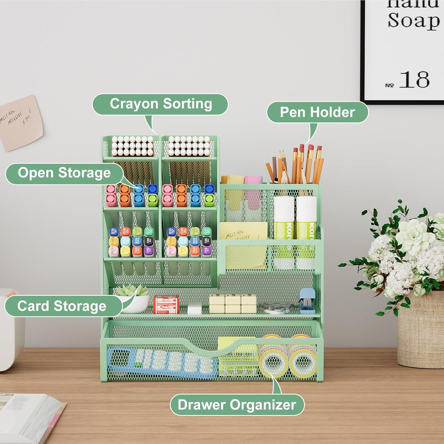 Mesh Pen Holder for Desk, Multi-Functional Pencil Organizer with Drawer, Desk Organizers and Accessories for Office Art Supplies (Green)