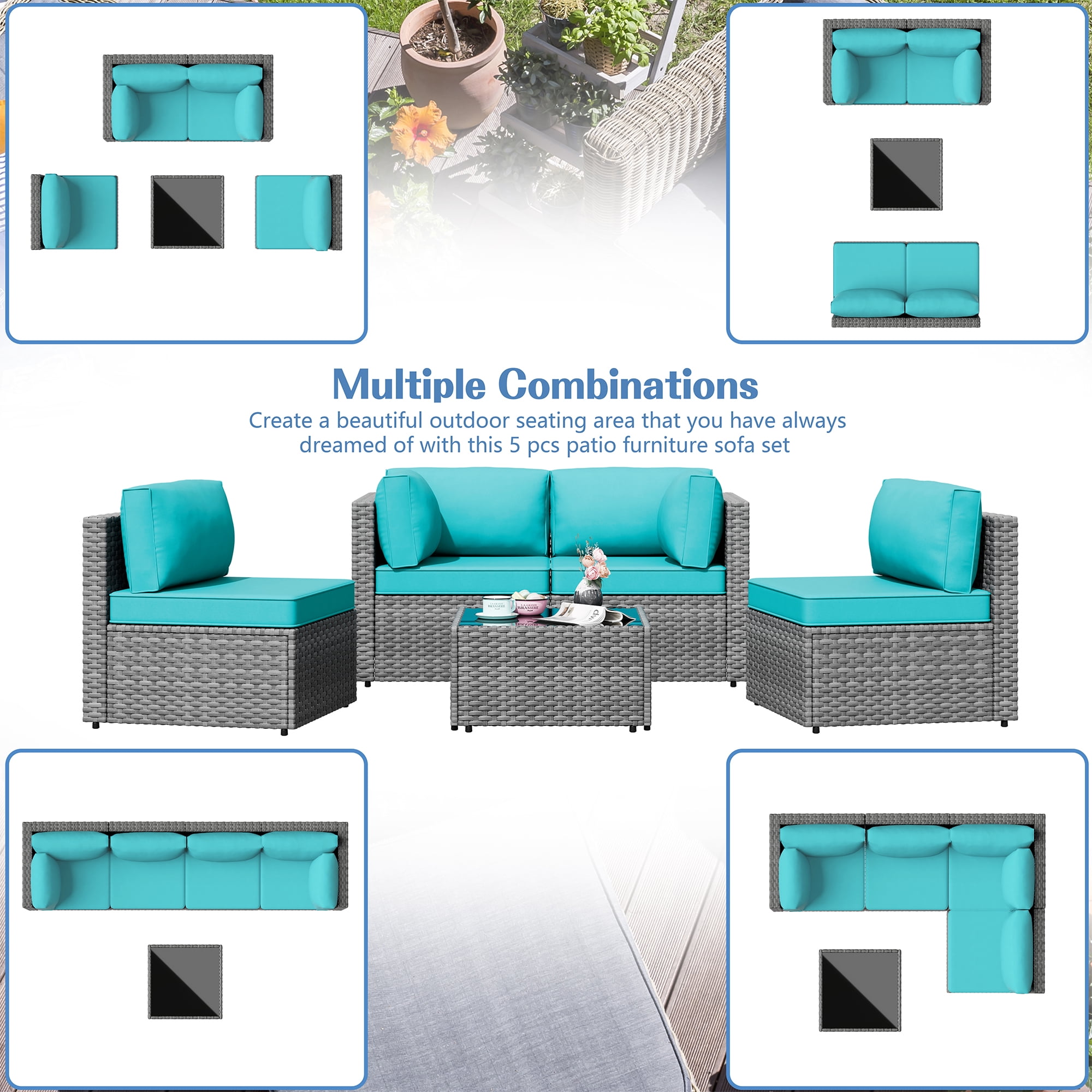 Walsunny 5 Pieces Outdoor Furniture Patio Sectional Sofa Set, Wicker Rattan Conversation Sets with Cushions and Glass Table, Silver Rattan Blue Cushions