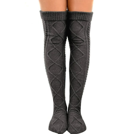 

Women Girls Over Knee High Knitted Socks Winter Warm Thigh High Long Stockings Dark Gray