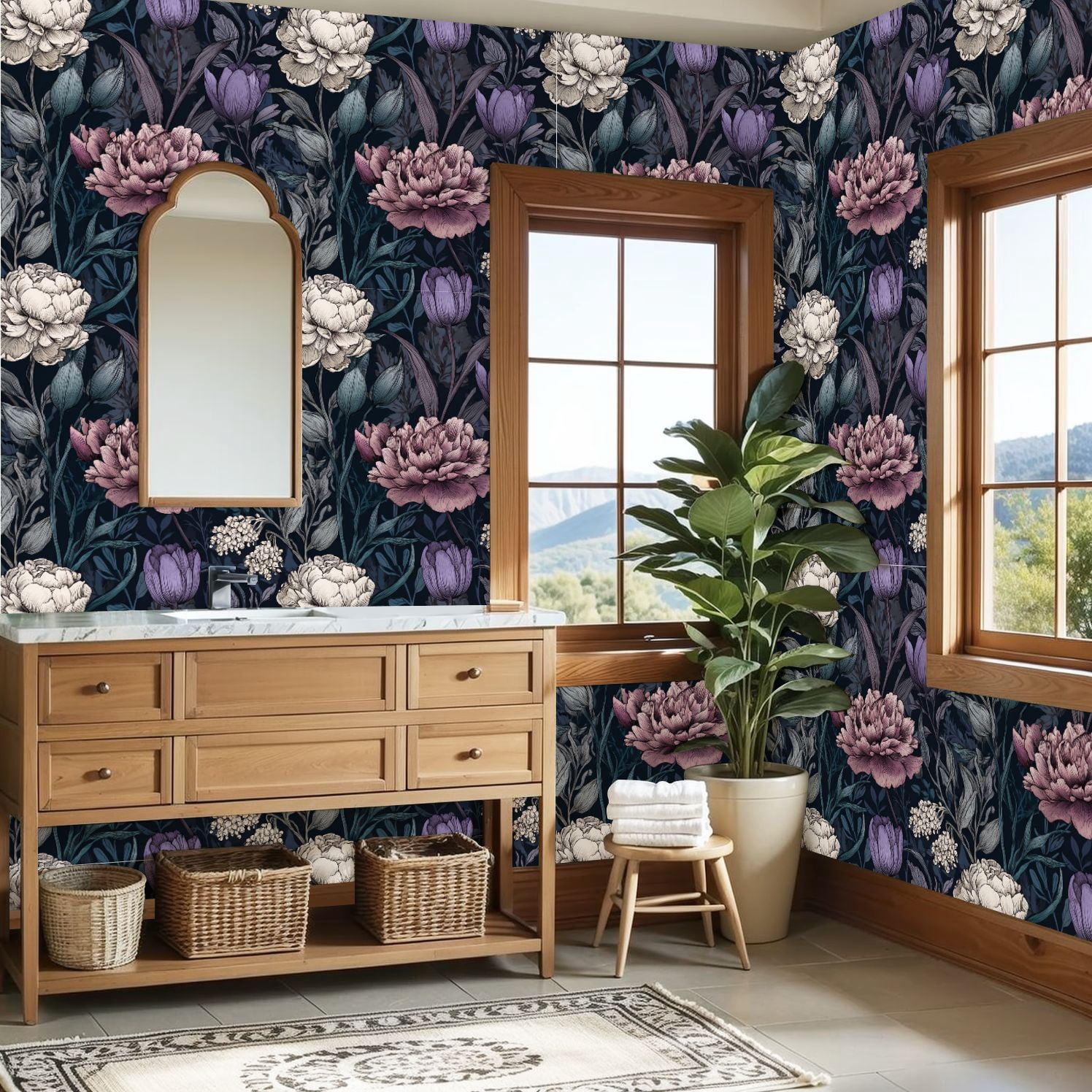 Peel and Stick Wallpaper Vintage Botanical Floral Peonies Tulips Dark Wall Mural 23.6in x 9.8ft Self Adhesive Removable Wall Paper Renter Friendly Wallpaper for Bedroom
