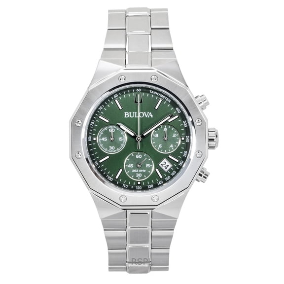 Bulova Octagon Prestige Chronograph Stainless Steel Green Dial Quartz 96B409 100M Men's Watch