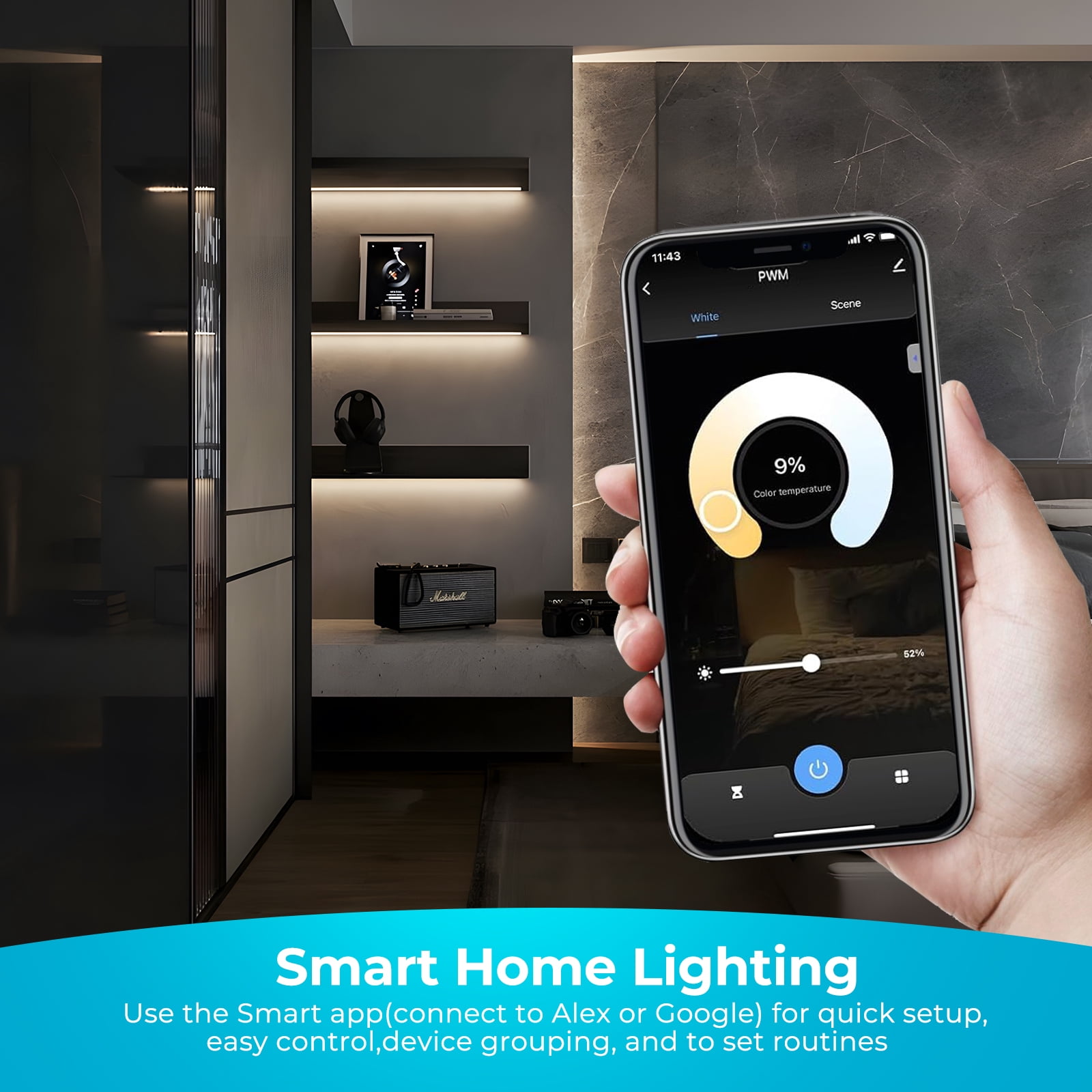 VST Smart Under Cabinet Lighting, UL Listed CRI 93+ CCT COB Strip Lights Alexa & Google Compatible APP Remote, Handwave and Voice Control Under Counter Lights for Kitchen Cabinet Closets (6 Bars)