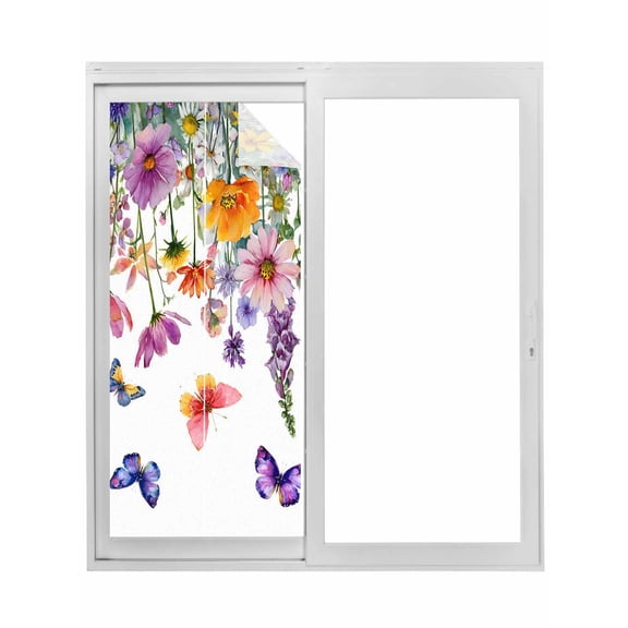 Spring Floral Window Privacy Film, Farmhouse Flowers Butterfly Watercolor Static Cling UV Sun Blocking Tint Film Heat Control Windows Films for Bedroom Bathroom, Window Stickers 29.5"x78.7"