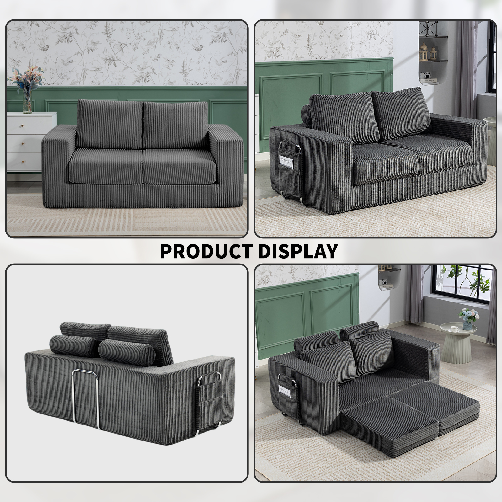 69 Inches Convertible Sofa Bed Boneless 2 Seats Loveseat Sleeper Sofa 2 Seater Small Couch 3-in-1 Folding Sofa Floor Sofa with Deep Seat No Assemble Required Grey