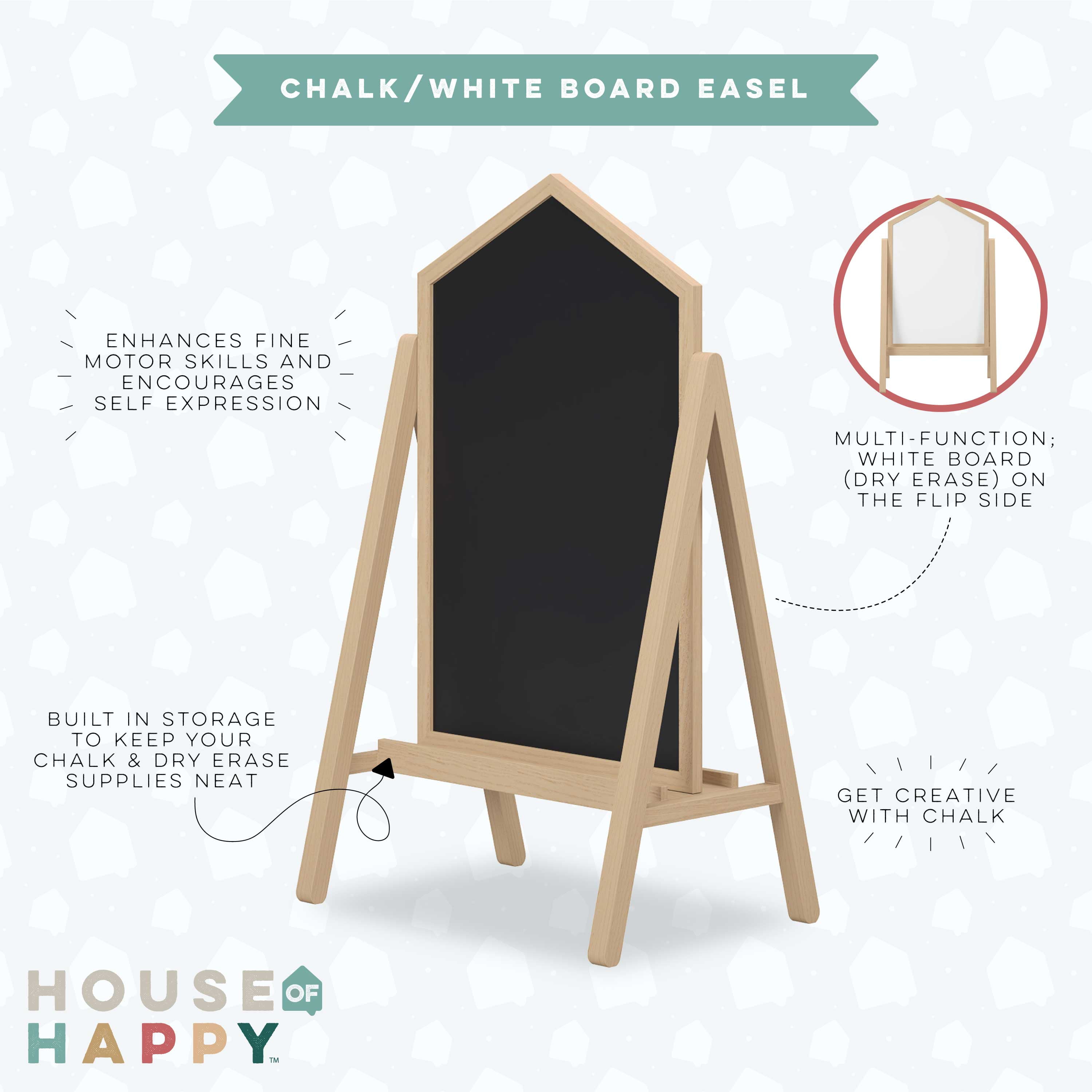 House of Happy Chalk/ White Board Easel, Natural