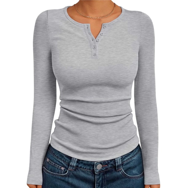 Camisetas de Larga para Mujer, Estilo Henley, Informales, para Otoño Tops Ajustados, Camisetas Básicas de Canalé Gris L