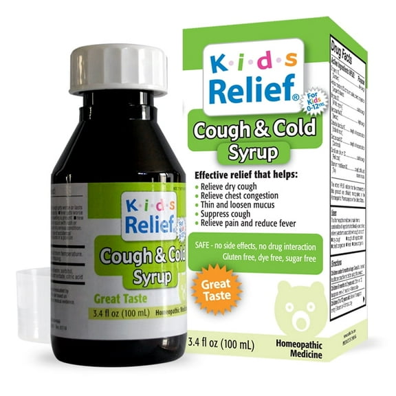 Kids Relief Cough & Cold Syrup for Kids 0-12, Gluten and Dye Free, No Sugar Added, 3.4oz