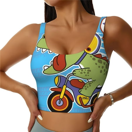 Jgfou Dinosaur Riding a Motorcycle Print Womens Sports Bra - Padded Workout Sports Bras Crop Tank Top