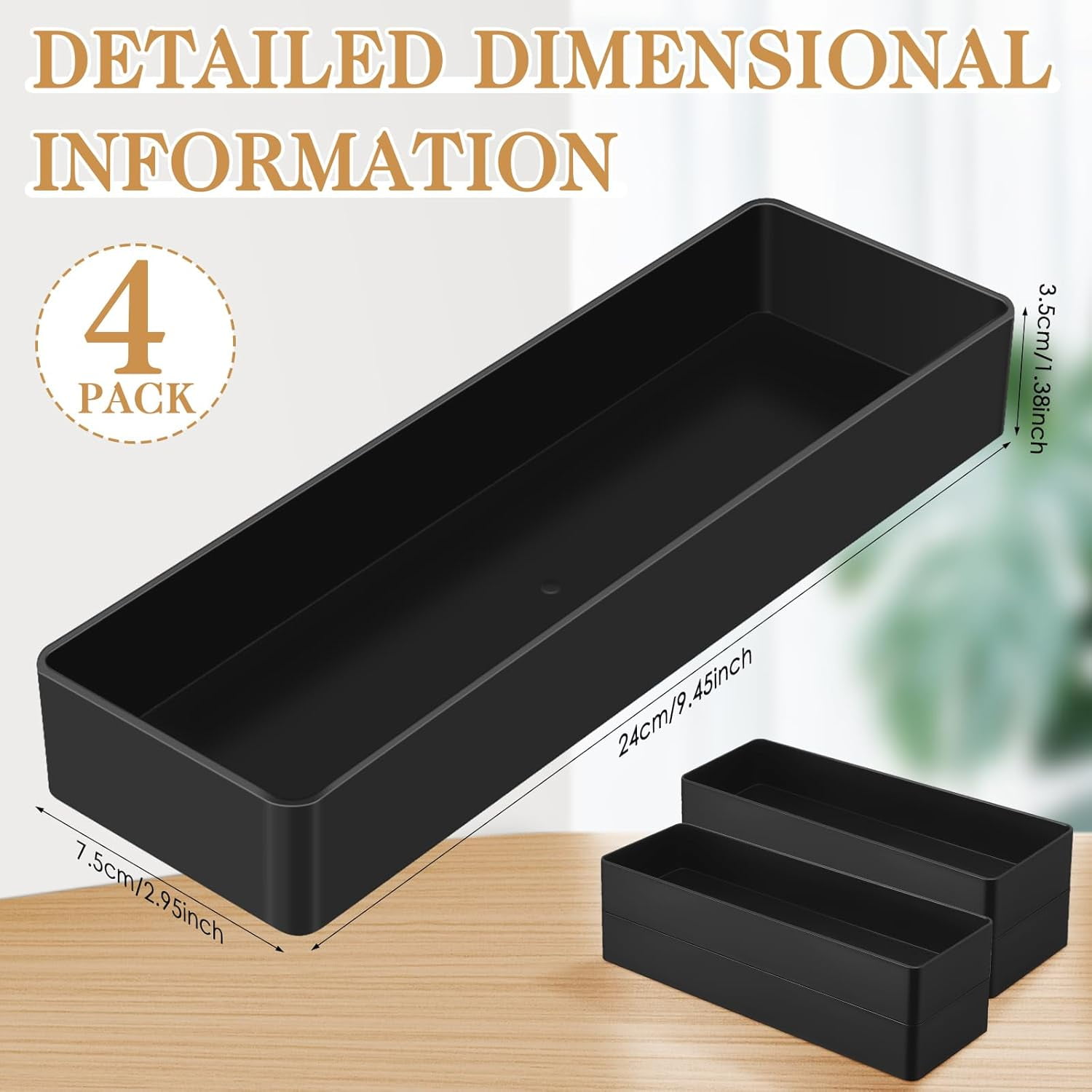 4 Pcs Large Black Rectangular Desk Organizer Set, Half Accessory Tray, Plastic Tabletop Organizer for Office, Home, or Study, Dimensions: 9.45 x 2.95 x 1.38 Inches