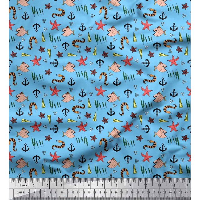 Soimoi Cotton Poplin Fabric Anchor Hook,Shell & Starfish Ocean Fabric Prints by Yard 56 Inch Wide