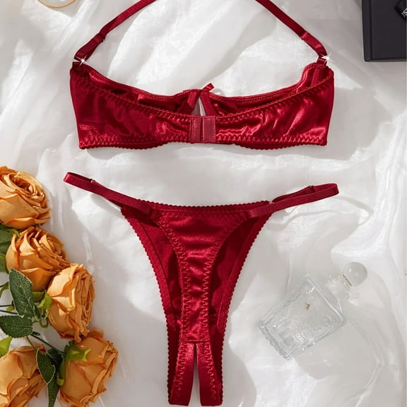 Bystar Sexy Underwire solid color Push Up Bra Half cup holder chain crotch opening elasticity Lingerie Set for Women 2 Piece