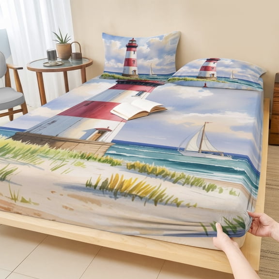 Full Size Fitted Sheet Set - Beach Lighthouse 3 Piece Bedding Sets 16" Deep Pocket Fitted Sheet with 2 Pillowcases Coastal Ocean Ship Sky Oil Painting Brushed Microfiber Hotel Luxury Bed Sheets