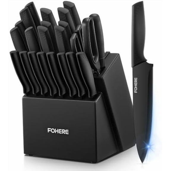 Knife Set23 Pieces Kitchen Knives Set with Block High Carbon Stainless Steel Self-Sharpening Knife Block Set with Built-in Sharpener and Wooden Block with Cheese and Pizza Knife, Black