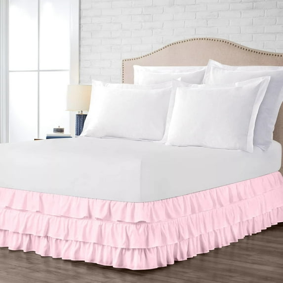 100% Microfiber Multi-Ruffle King Size Bed Skirt (78" x 80") with 22" Tailored Drop Lenght, Easy Fit Ruffle Pattern with Adjustable Elastic & Gathered Styling Bed Frame Cover - Pink Solid.