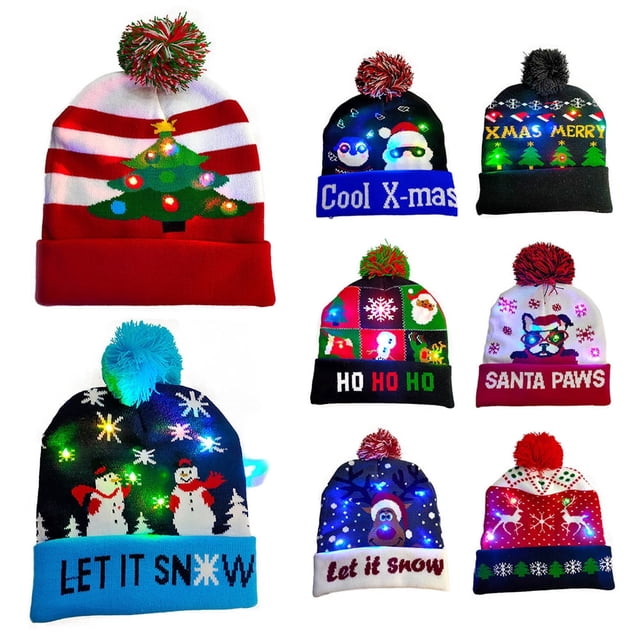 Bonnet Tricoté Épais et Chaud d'Hiver Unisexe de Noël pour Hommes et Femmes avec LED et Boule, Déco de Noël