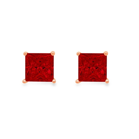 1.5 Ct Princess Cut Studs Red Natural Garnet 18K Rose Gold Earrings Push Back