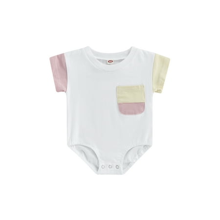 

Calsunbaby Summer Infant Loose Romper Newborn Baby Girls Boys Leisure Color Matching Short Sleeve Round Collar Jumpsuit with Pocket