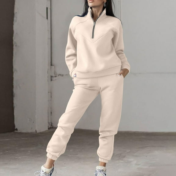 Xdegoge Outfits for Women 2 Piece Sets Long Sleeve Sweatsuit Half Zip Stand Collar Sweatshirts Elastic Waist Joggers Pants with Pockets Lounge Loose Tracksuit 2025