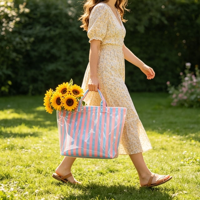 Bolso tote a rayas – Bolso de mano impermeable de PVC brillante para la playa, compras, viajes y uso diario con interior espacioso.