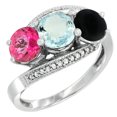 thumbnail image 1 of 14K White Gold Natural Pink Topaz, Aquamarine & Black Onyx 3 stone Ring Round 6mm Diamond Accent, size 5.5, 1 of 2