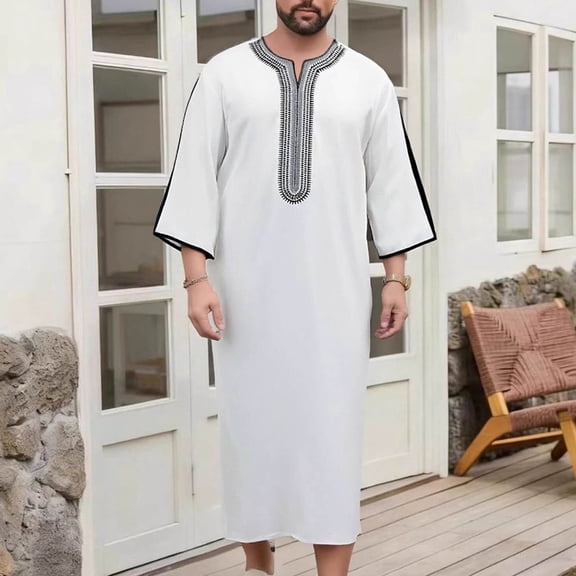 Yaoyar Mens Middle Eastern Traditional Robe Mid Sleeve Round Neck Embroidered Men's Clothing Middle East Kaftan Saudi Arab Caftans Islamic Abaya Dress Dubai Robes