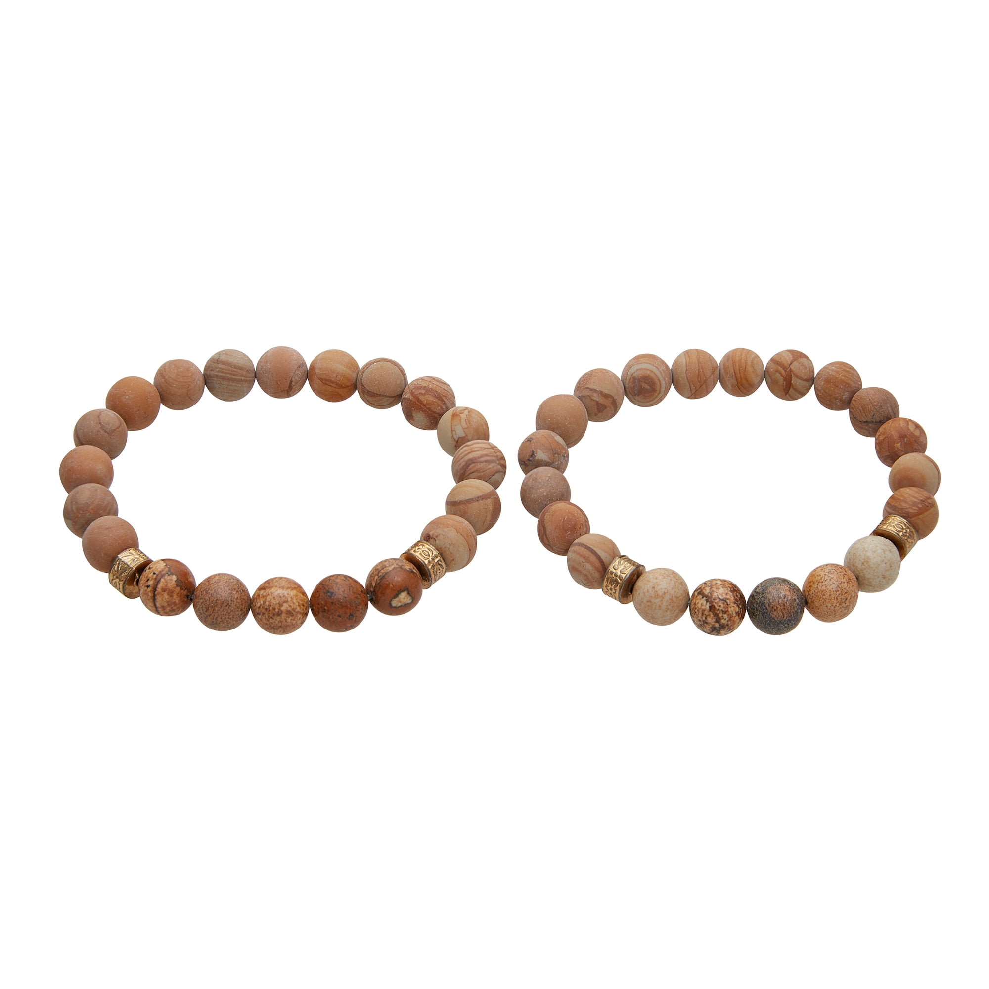 American Exchange Men's 2 Piece Precious Stone & Alloy Gold/Brown Beads Bracelet Set