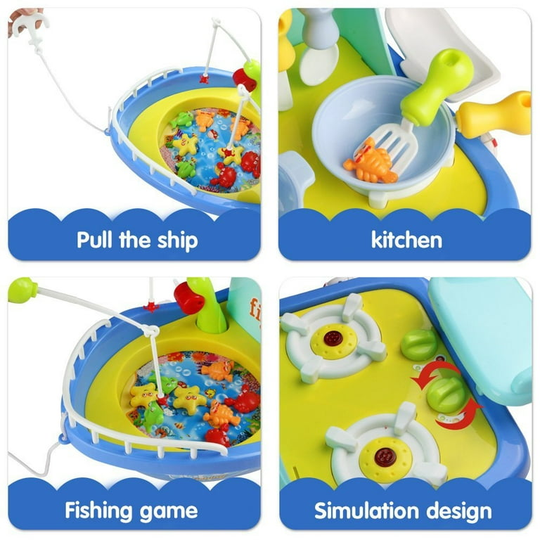 Fishing & Cooking On The Toy Boat with Light & Music for Kids 27pcs