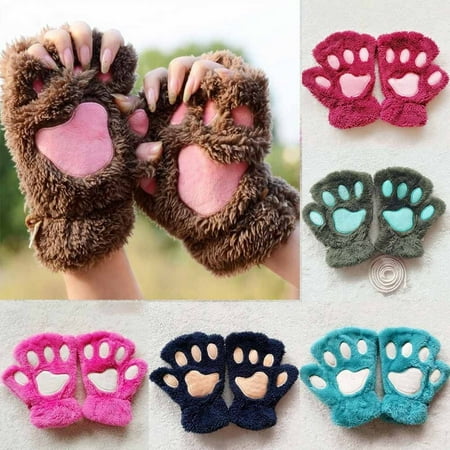 Winter Women Cute Cat Claw Paw Plush Mittens Short Fingerless Gloves Half Finger